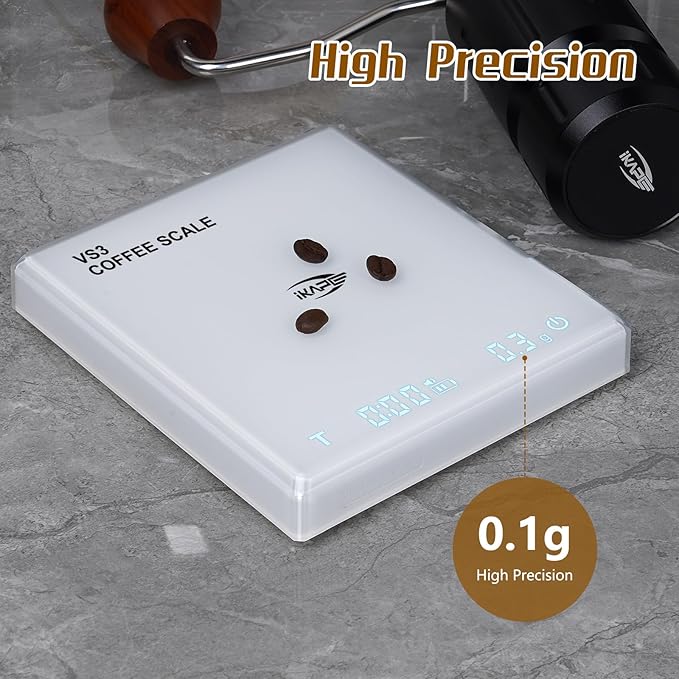 IKAPE Digital Coffee Scale with Timer, 2kg/0.1g High Precision Rechargeable Drip Espresso Scale with Tare Function, LED Display(White)