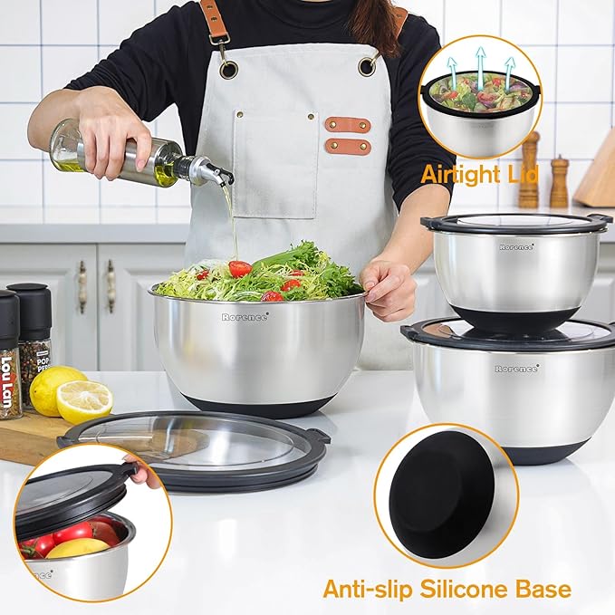 Rorence Stainless Steel Mixing Bowls with Transparent Lids Set, Nesting Metal Salad Bowls with Non-slip Silicone Bottom for Kitchen, Set of 3-1.5QT, 3QT, 5QT, Dishwasher Safe, Black