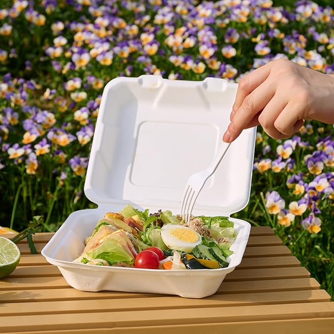JOLLY CHEF Clamshell To Go Containers, 8 * 8" 50-Pack, Sugarcane To Go Boxes for Salad, Lunch