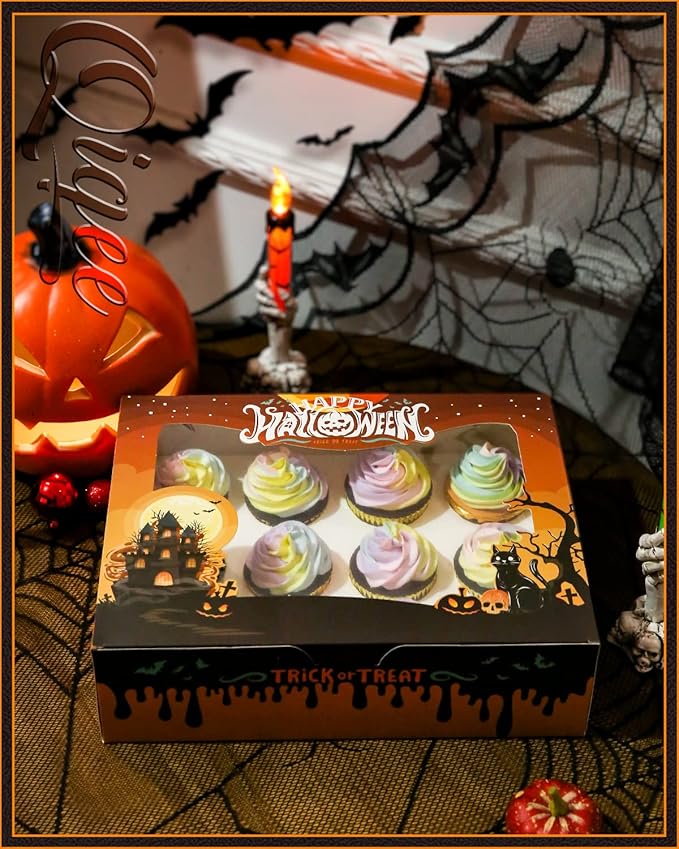 qiqee 12 Cupcake Boxes with Window 16 Packs Halloween Cupcake Box 13"x10"x3.5" Cupcakes Carrier,12 Cupcake Containers For Halloween