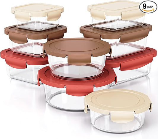 18pcs Glass Food Storage Containers with Lids, Kitchen Large Lunch Fruit Sandwich Storage Containers for Fridge, BPA-Free, Dishwasher&Microwave Safe, Leak-Proof for Meal Prep