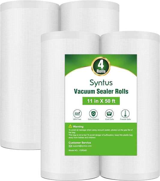 Syntus Vacuum Sealer Bags for Food, 4 Rolls 11" x 50' Commercial Grade Bag Rolls, BPA Free Food Vac Bags for Storage, Meal Prep or Sous Vide
