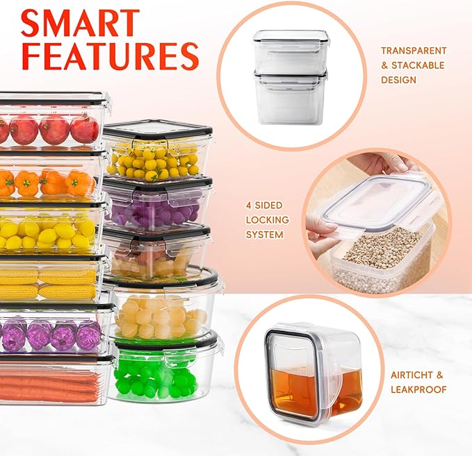 Plastic Food Storage Containers with Lids – Plastic Food Containers with Lid Airtight, Leakproof, BPA-Free – Perfect for Meal Prep, Snacks, and Leftovers (24 plastic pack)