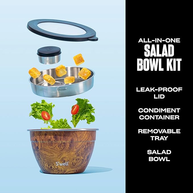 S'well Stainless Steel Salad Bowl Kit - 64oz, Teakwood - Comes with 2oz Condiment Container and Removable Tray for Organization - Leak-Proof, Easy to Clean, Dishwasher Safe