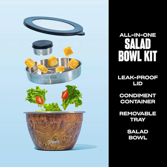 S'well Stainless Steel Salad Bowl Kit - 64oz, Teakwood - Comes with 2oz Condiment Container and Removable Tray for Organization - Leak-Proof, Easy to Clean, Dishwasher Safe