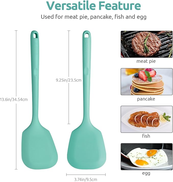 18/8 Stainless Steel Measuring Spoons Set for Dry and Liquid Ingredients (Set of 6), and 600℉ Heat Proof Long & Wide Silicone Solid & Slotted Turner Set of 2 for Egg, Pancake (Aqua Sky)