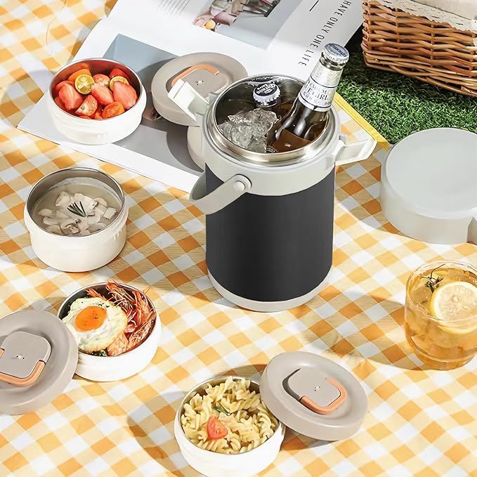 67oz Thermo for Hot Food, 3 Tier Stainless Steel Leak Proof Stackable Thermo Food Jar, lunch box Containers With Folding Spoon For Office Picnic Travel Outdoors (Matte Black)