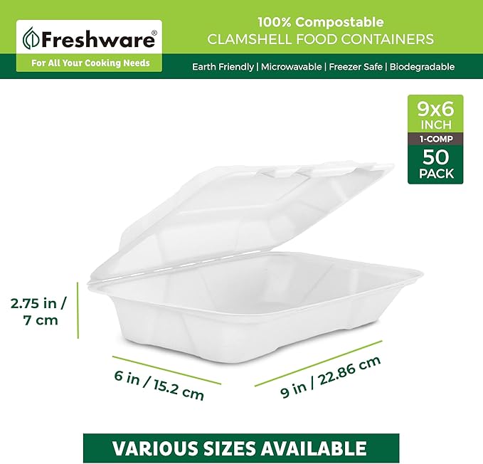 Freshware Compostable Clamshell Food Containers [9x6" 50-Pack] Disposable To Go Containers, Biodegradable Sugarcane To Go Boxes - Heavy Duty Paper Containers - Microwave & Freezer Safe, Stackable