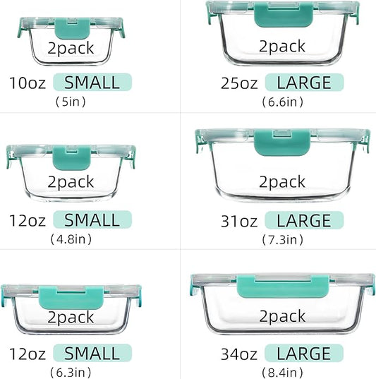 Glass Meal Prep Containers Set of 12 Food Storage Containers for Lunches, Dishwasher Safe, Mint Green