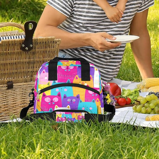 Pardick Insulated Lunch Bag for Women Men Large Cute Rainbow Cat Head Thermal Cooler Lunch Box Durable Tote Bag with Adjustable Shoulder Strap for Work School Office Travel Girl Boy Meal Prep Bag