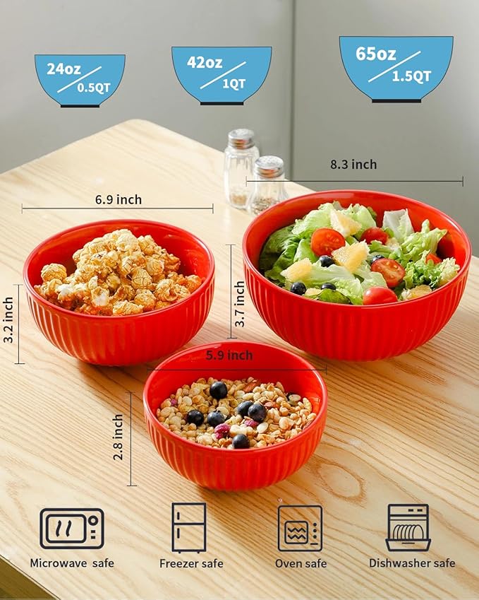 Hasense Mixing Bowls of 3, Porcelain Ribbed Bowls 1.5/1/0.5 Qt For Kitchen, Cooking, Baking and Serving Prep Bowls for Salad, Pasta, Modern Kitchen Dish Dishwasher & Microwave Safe, Red
