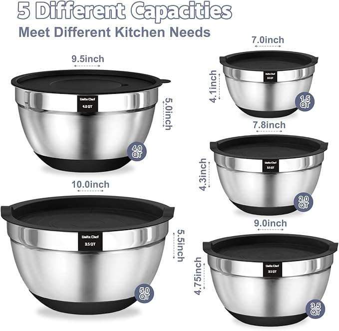 Umite Chef Mixing Bowls with Airtight Lids, 8PCS Stainless Steel Nesting Mixing Bowls Set, 3 Grater Attachments & Non-Slip Bottoms, Black Kitchen Bowls, Size 5, 4, 3.5, 2, 1.5QT for Baking & Serving