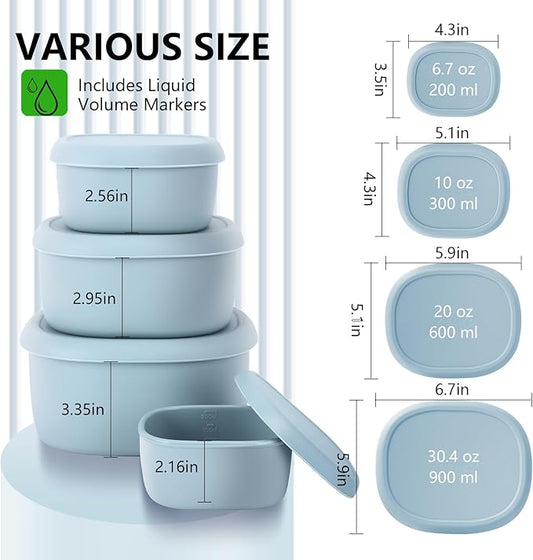4 Pcs Silicone Food Storage Containers with Lids，BPA Free Reusable Silicone Storage Containers for Food Freezer Dishwasher Safe (33.8oz, 20oz, 10oz, 6.7oz)（blue）