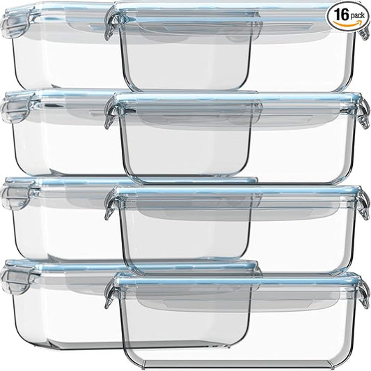 Razab 16 Pc (Set of 8) 30 Oz Glass Food Storage Containers with Lids, Airtight Large Reusable Leak Proof BPA Free Food Prep Containers, Freezer to Oven Safe