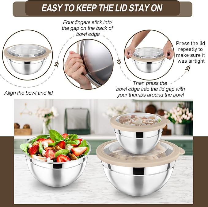 P&P CHEF Mixing Bowl with Lid Set, Stainless Steel Nesting Salad Bowls for Cooking Serving Prepping, Clear Lids & Stackable Design, Size 4.6, 3.5, 3, 2, 1.5, 1, 0.7 Qt - Khaki, Set of 7
