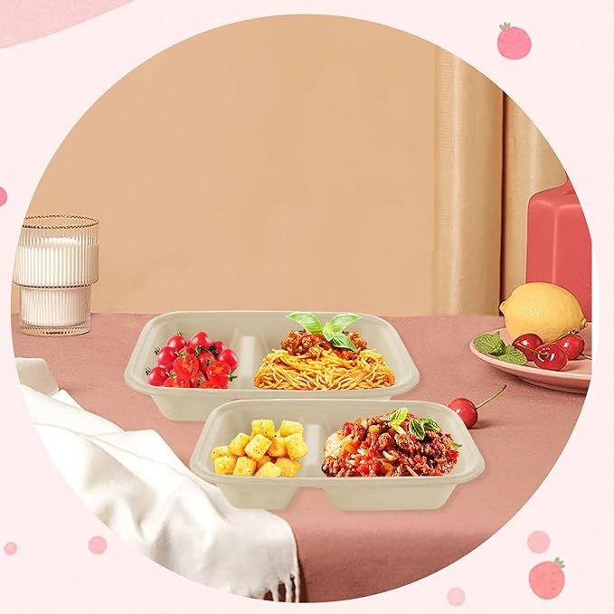 100 Pack 2 Compartment Paper Bowls Chip Dip, Nacho Cheese and Salsa, 26 Oz Compostable Food Containers Bagasse Bowls, Biodegradable Meal Prep Food Storage Deli Container for Hot/Cold Foodd