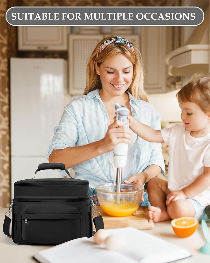 Lunch Box Women Insulated Lunch Bag Men Expandable Waterproof Leakproof Lunch Boxes Large Lunch Tote Cooler Bag for Work with Water Bottle Holder Black