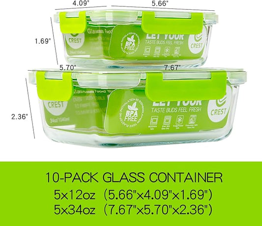 C CREST Glass Containers for Food Storage with Lids, [10-Pack] Meal Prep Containers for Kitchen, Home Use, BPA Free