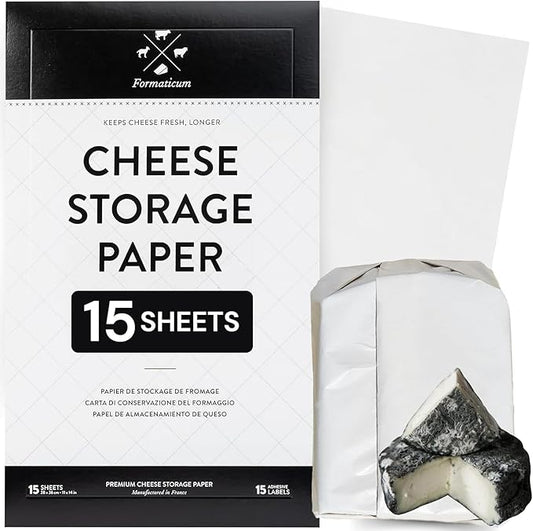 Formaticum Cheese Storage Wax Coated Paper - Porous Wax Sheets From France - Keep Cheese or Charcuterie Fresh - Professional Grade Cheese Paper for Wrapping Cheese - 11 x 14 (15 Sheets with Labels)