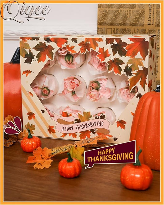 qiqee Thanksgiving 12 Cupcake Boxes with Window 16-Packs Cupcake Box 13"x10"x3.5" Cupcakes Carrier, 12 Cupcake Containers For Thanksgiving Day