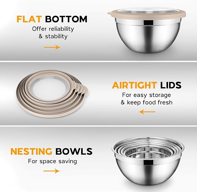 Mixing Bowl Set of 5 for Kitchen Stainless Steel Metal Nesting Mixing Bowls with Khaki Lids – Size 1.5, 2, 2.6, 3.5, 4.6QT
