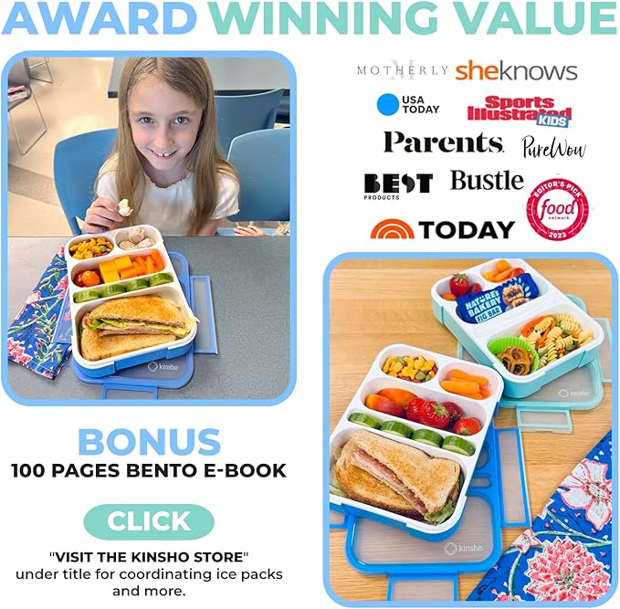kinsho Bento Lunch-Box for Adults Kids Lunches, Portion Control Container Boxes for Women Girls Boys | Leak-proof Snack Containers, BPA-Free Utensils5 Compartments | Blue & Green 2 pack Set