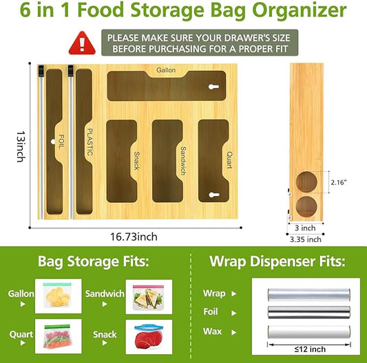 Bag Storage Organizer for Kitchen Drawer, 6 in 1 Foil and Plastic Wrap Dispenser with Cutter, Bamboo Plastic Bag Food Baggie Organizer for Gallon, Quart, Sandwich, Snack