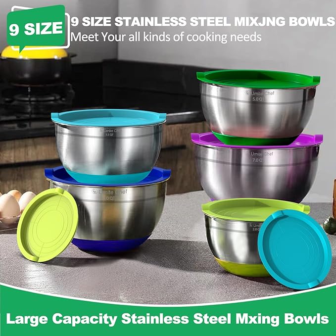 Umite Chef 22Pcs Mixing Bowls with Airtight Lids, Stainless Steel Nesting Mixing Bowls Set for Baking, Prepping, Non-slip Silicone Bottom, Colorful Bowls with Kitchen Gadgets for Mixing, Serving
