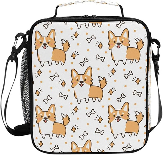 Pfrewn Corgi Dog Lunch Box Yellow Puppies Insulated Lunch Bag Cute Star Dogs Bone Reusable Cooler Meal Prep Bags Lunch Tote with Shoulder Strap for Office Adults School Kids Girls Boys Teens