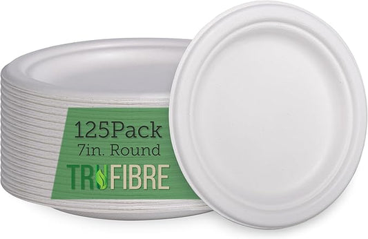 7" Paper Plates, Compostable Bagasse Food Container, Disposable, Microwave Safe for Lunch, Dinner, Party, Supplies, Events, Bulk, 125 Pack