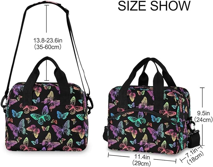Rainbow Butterfly Lunch Bag for Man and Women Water-Resistant Fabric Portable Lunch Box, Insulated Meal Tote with Front Pocket
