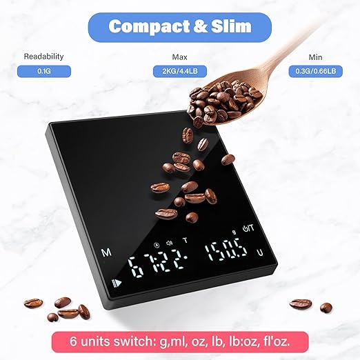 Coffee Scale with Timer, 2kg Capacity, 0.1g Precision, Timemore Scale Rechargeable, Mini Digital Espresso Scale with Tare Function, Black