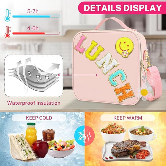 Insulated Girls Lunch Box, Preppy Lunch Box for Teen Girls， Cute Girls Lunch Bag for Kids, Large Reusable Cute Cooler Bag with Adjustable Shoulder Straps,Perfect for School Travel Picnic（Pink）