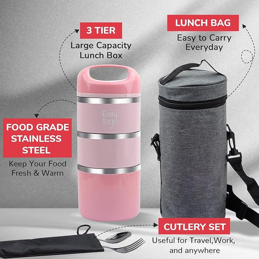 3 Tier Lunch Box 43Oz-Pink Stainless Steel Stackable Lunch Box with Lunch Bag & Cutlery Set, Portable Lunchbox, Portion Control Meal Prep Togo Lunch Containers for Adults, Women, Men