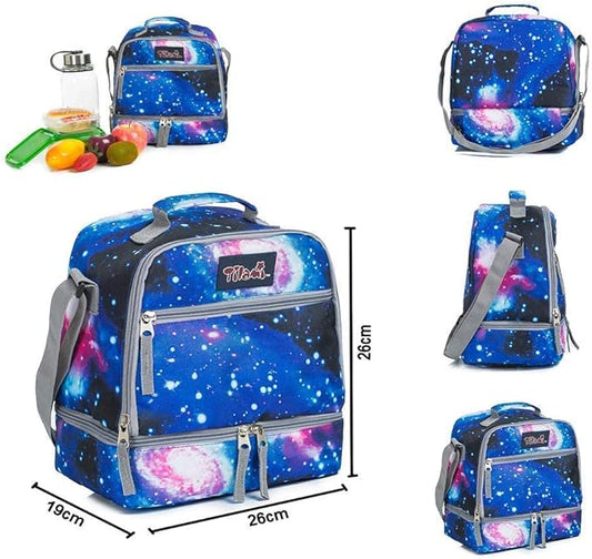 Tilami Lunch Bags Insulated Adjustable Strap Zipper, Two Compartments Cooler Bags, Bento Bags for Kids Toddlers, Galaxy