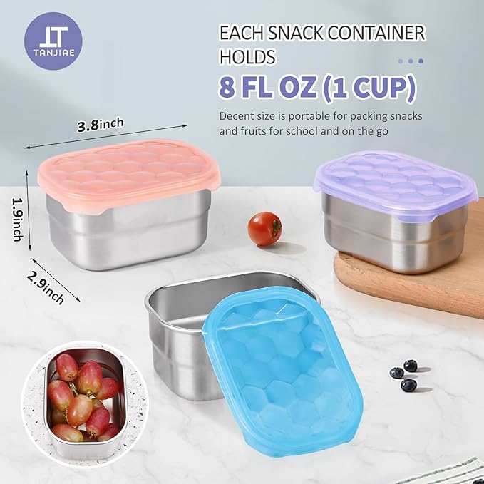 Kids Snack Pro - Stainless Steel Snack Containers for Kids | Easy Open Leak Proof Small Food Containers with Silicone Lids - Perfect Metal Toddler Lunch Box for Daycare and School (8oz*3)