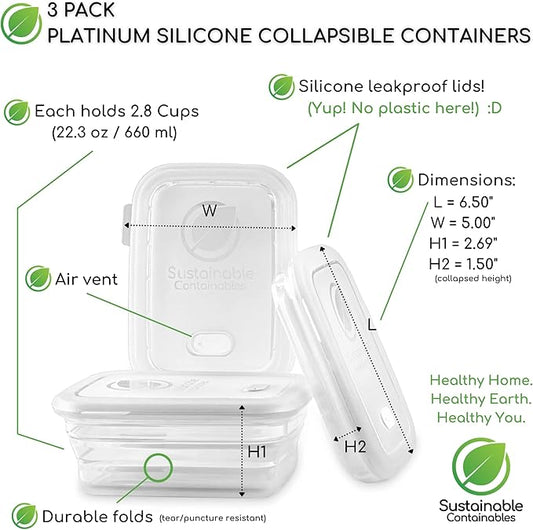 Premium Silicone Collapsible Food Storage Containers with Silicone Leakproof Lids, BPA Free, LFGB Food-Grade Certified, Compact, Reusable Lunch Snack Box, Microwave Safe, 2.8 Cups 3 Pk