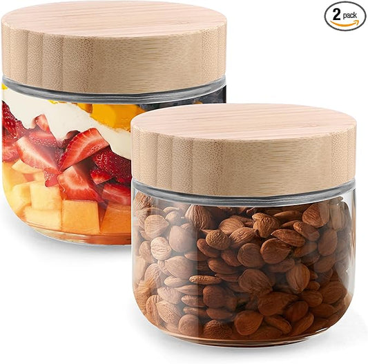 Glass jar with Bamboo lids 2 Set, 10oz overnight oats containers with lids, Glass Mason jars, Reusable Meal Prep Jars with Airtight Lids for Food Yogurt Snacks Storage
