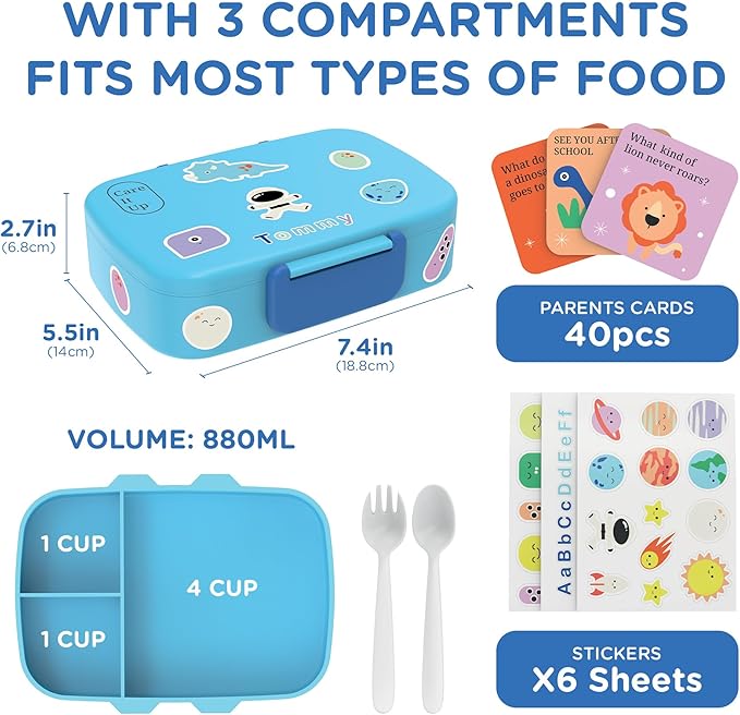 Kids Bento Lunch Box For Boys and Girls With Free Cutlery Set, 6 Sticker Sheets (5+ Years) and Parent Cards - 880 ML Leakproof 3 Compartment Lunch Box for kids, Portion Control Bento Box Kids - Blue