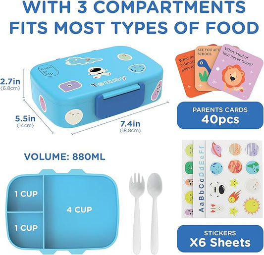 Kids Bento Lunch Box For Boys and Girls With Free Cutlery Set, 6 Sticker Sheets (5+ Years) and Parent Cards - 880 ML Leakproof 3 Compartment Lunch Box for kids, Portion Control Bento Box Kids - Blue