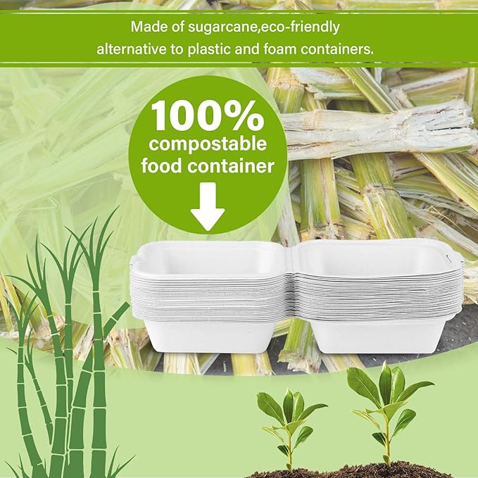 greensight To Go Containers Disposable 6X6, 100 Pack Clamshell Food Containers, Compostable To Go Boxes, Biodegradable Food Containers With White Bagasse