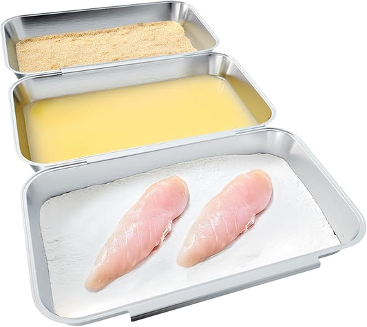 Set of 3 Larger Interlocking Breading Trays | 10.4" x 6.1" x 1.2" | Stackable Dredging Trays for Breading, Marinating, Roasting | Non-Toxic Stainless Steel Breading Pans | Oven & Dishwasher Safe