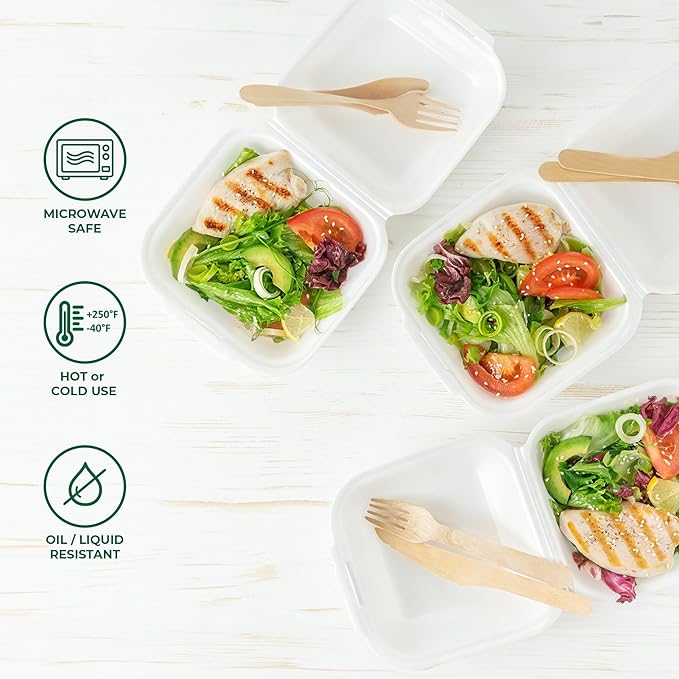 Freshware Clamshell Food Containers with Lids [6x6 500-Pack] Disposable To Go Containers, Biodegradable Sugarcane To Go Boxes - Paper Container - Microwave & Freezer Safe, Stackable