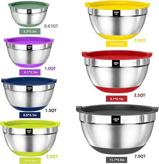 Bowls with Airtight Lids, 20 piece Stainless Steel Metal Nesting Bowls, Non-Slip Colorful Silicone Bottom, Size 7, 3.5, 2.5, 2.0,1.5, 1,0.67QT, Great for Mixing, Baking, Serving