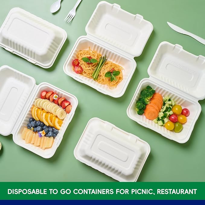 JOLLY CHEF Clamshell To Go Containers, [9 * 6" 75-Pack], Sugarcane To Go Boxes for Salad, Lunch