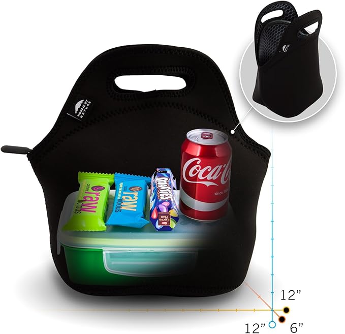 Nordic By Nature Insulated Neoprene Lunchbox Tote Lunch Bag Made For Women, Men and Kids | Includes 12" Big Bottle Cooler | Lightweight | Rugged Lunchbox | Washable | Black Metal Pattern