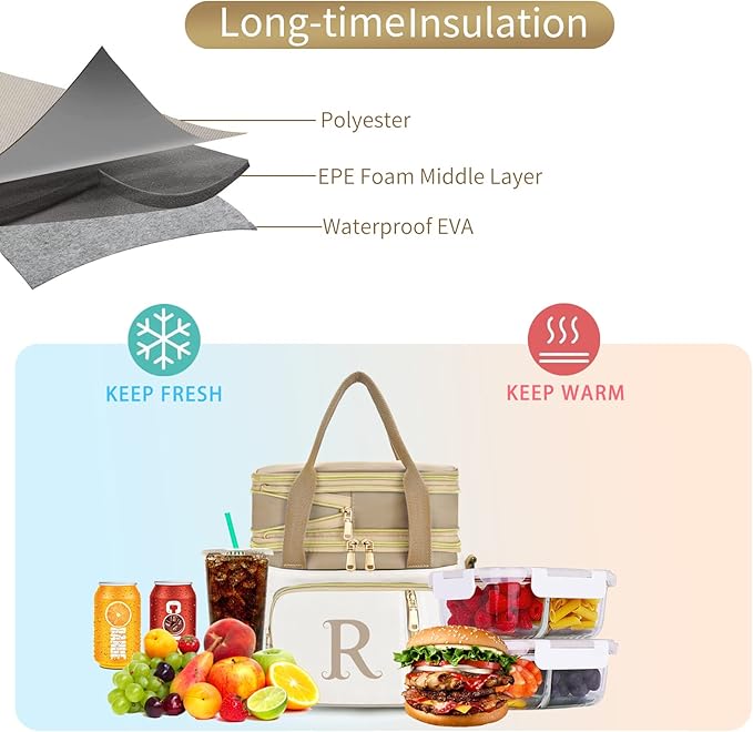 LOKASS Personalized Lunch Bag for Women Work, 16L Initial Insulated Lunch box for Adult/Womens Gift, Leakproof Personalized Gift Lunchbag with Adjustable Shoulder Strap, Cooler Bag Beige - D