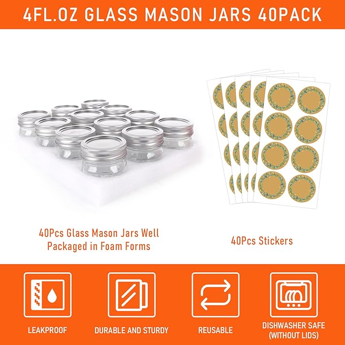 Alotpower 4oz Mason Jars 40pack, Glass Small Mason Jars with Lids for Jams, Candies,Spice,Honey,Snacks,Canning Jars 4oz for DIY Projects,Wedding/Party/Shower Favors(4fl.oz/Set of 40)