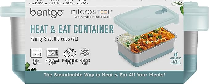 Bentgo® MicroSteel® Heat & Eat Container - Microwave-Safe, Sustainable & Reusable Stainless Steel Food Storage Container with Airtight Lid for Eco-Friendly Meal Prepping (Family Size - 8.5 Cups)