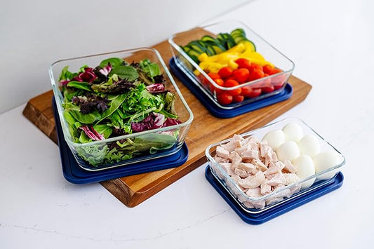 12-Piece Glass Food Storage Containers Set (6 Containers + 6 Lids) |Rectangular, Nesting, Microwave & Dishwasher Safe |BPA-Free, Space-Saving | Blue Lids for Pantry & Kitchen Organization